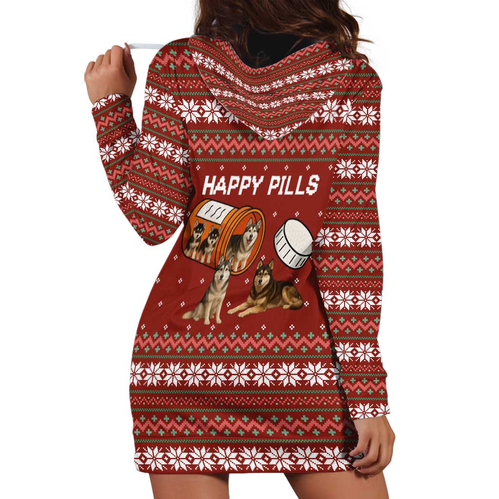Merry Christmas Siberian Husky Dog Happy Pills Hoodie Dress Husky Dogs in Pill Bottle and Red Snowflake - Wonder Print Shop