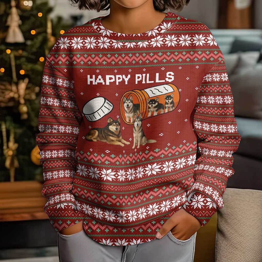 Merry Christmas Siberian Husky Dog Happy Pills Kid Ugly Christmas Sweater Husky Dogs in Pill Bottle and Red Snowflake - Wonder Print Shop