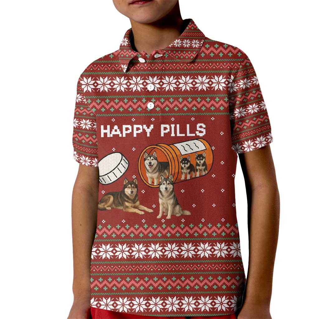 Merry Christmas Siberian Husky Dog Happy Pills Kid Polo Shirt Husky Dogs in Pill Bottle and Red Snowflake - Wonder Print Shop