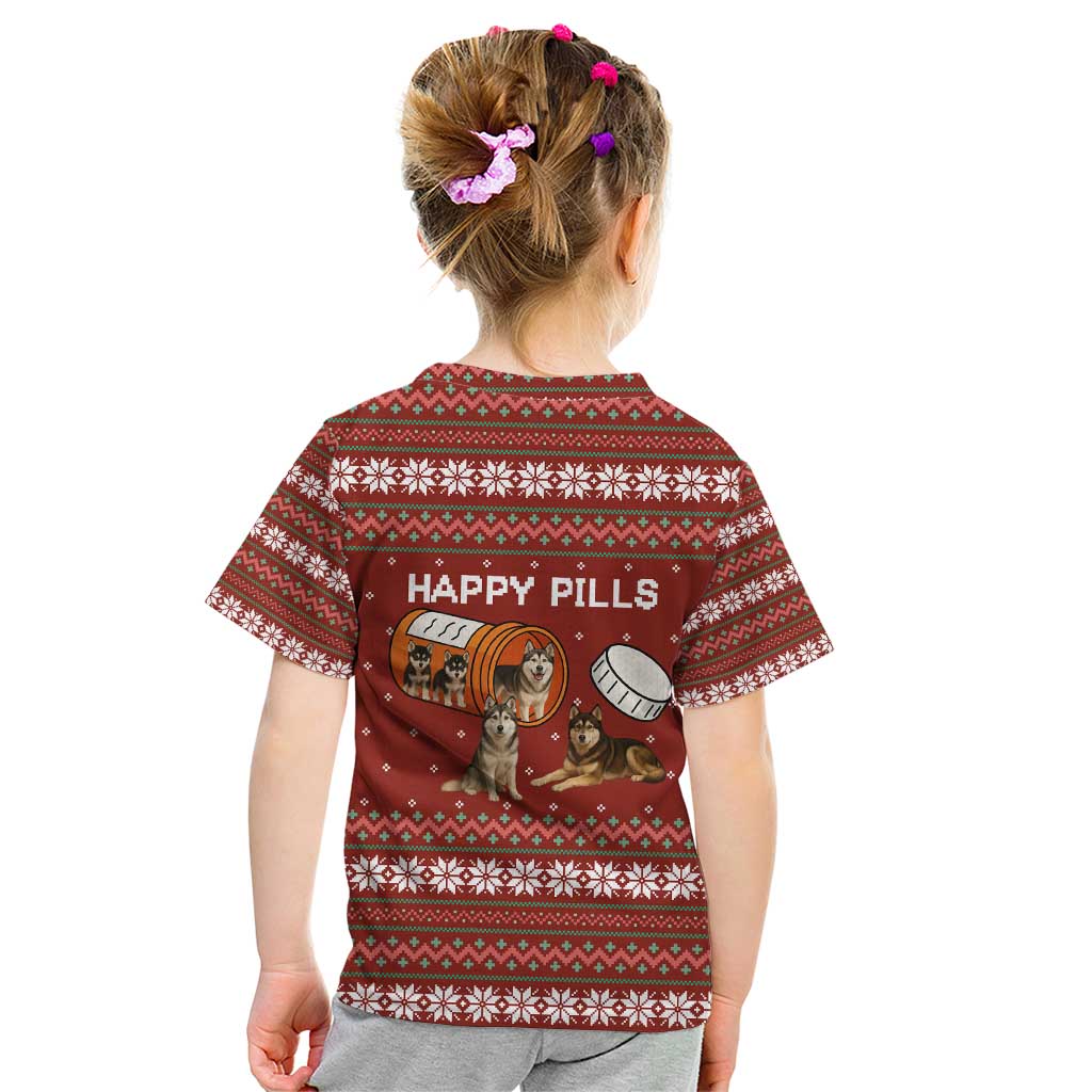 Merry Christmas Siberian Husky Dog Happy Pills Kid T Shirt Husky Dogs in Pill Bottle and Red Snowflake - Wonder Print Shop