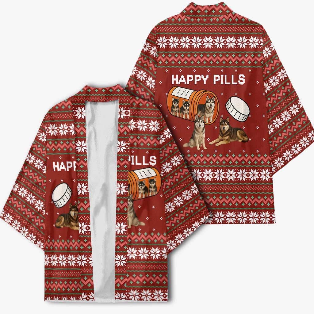 Merry Christmas Siberian Husky Dog Happy Pills Kimono Husky Dogs in Pill Bottle and Red Snowflake - Wonder Print Shop