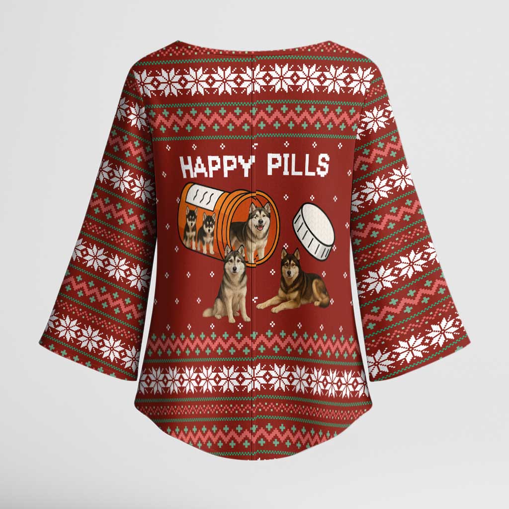 Merry Christmas Siberian Husky Dog Happy Pills Kimono Sleeve Blouse Husky Dogs in Pill Bottle and Red Snowflake - Wonder Print Shop