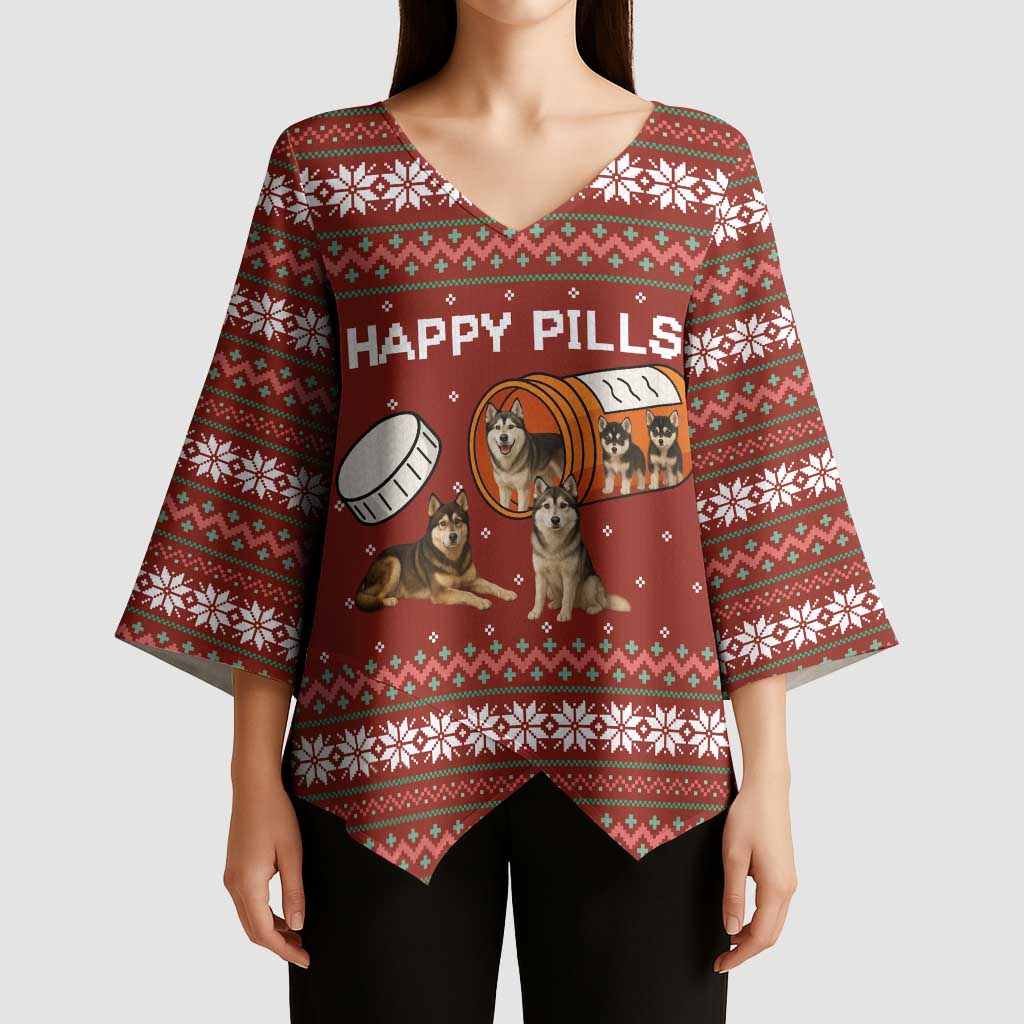 Merry Christmas Siberian Husky Dog Happy Pills Kimono Sleeve Blouse Husky Dogs in Pill Bottle and Red Snowflake - Wonder Print Shop