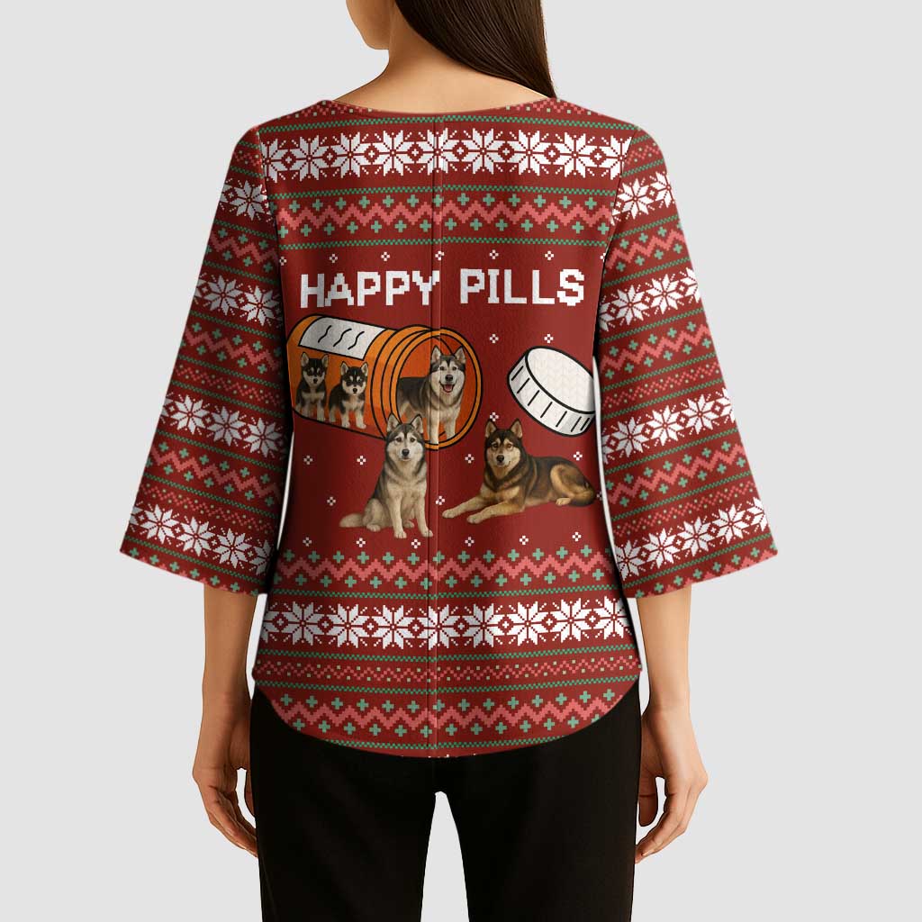 Merry Christmas Siberian Husky Dog Happy Pills Kimono Sleeve Blouse Husky Dogs in Pill Bottle and Red Snowflake - Wonder Print Shop