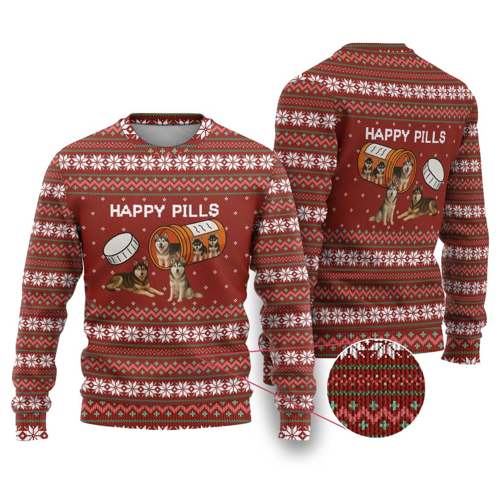 Merry Christmas Siberian Husky Dog Happy Pills Ugly Christmas Sweater Husky Dogs in Pill Bottle and Red Snowflake - Wonder Print Shop