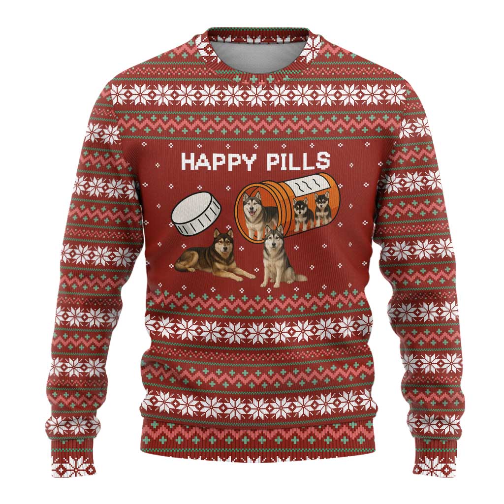Merry Christmas Siberian Husky Dog Happy Pills Ugly Christmas Sweater Husky Dogs in Pill Bottle and Red Snowflake - Wonder Print Shop