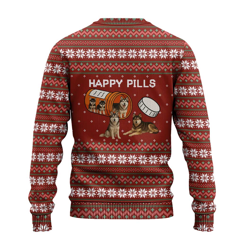 Merry Christmas Siberian Husky Dog Happy Pills Ugly Christmas Sweater Husky Dogs in Pill Bottle and Red Snowflake - Wonder Print Shop