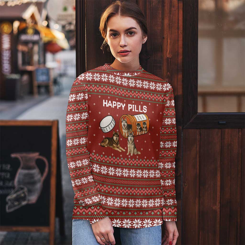 Merry Christmas Siberian Husky Dog Happy Pills Ugly Christmas Sweater Husky Dogs in Pill Bottle and Red Snowflake - Wonder Print Shop
