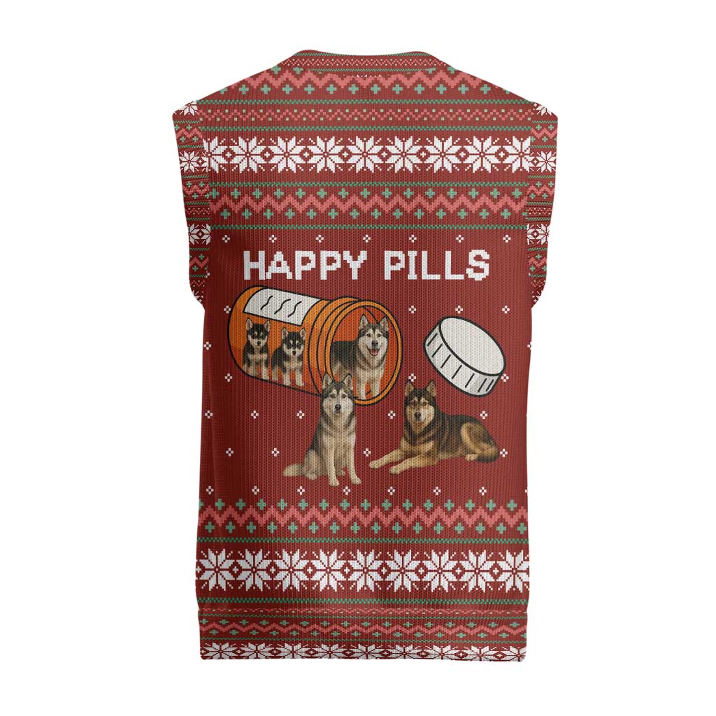 Merry Christmas Siberian Husky Dog Happy Pills Christmas Knitted V-Neck Vest Husky Dogs in Pill Bottle and Red Snowflake - Wonder Print Shop
