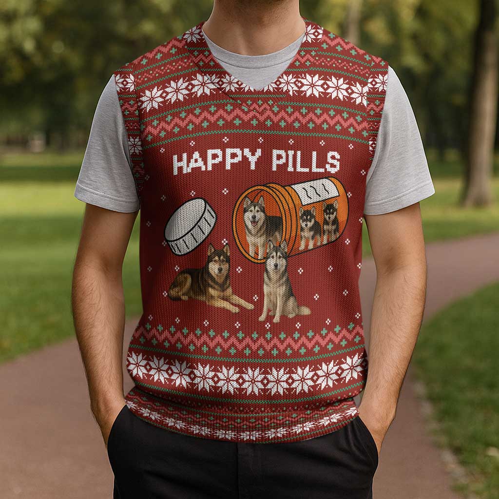 Merry Christmas Siberian Husky Dog Happy Pills Christmas Knitted V-Neck Vest Husky Dogs in Pill Bottle and Red Snowflake - Wonder Print Shop