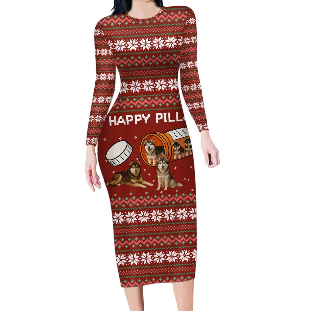 Merry Christmas Siberian Husky Dog Happy Pills Long Sleeve Bodycon Dress Husky Dogs in Pill Bottle and Red Snowflake - Wonder Print Shop