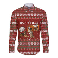 Merry Christmas Siberian Husky Dog Happy Pills Long Sleeve Button Shirt Husky Dogs in Pill Bottle and Red Snowflake - Wonder Print Shop