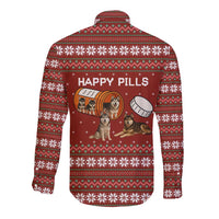 Merry Christmas Siberian Husky Dog Happy Pills Long Sleeve Button Shirt Husky Dogs in Pill Bottle and Red Snowflake - Wonder Print Shop