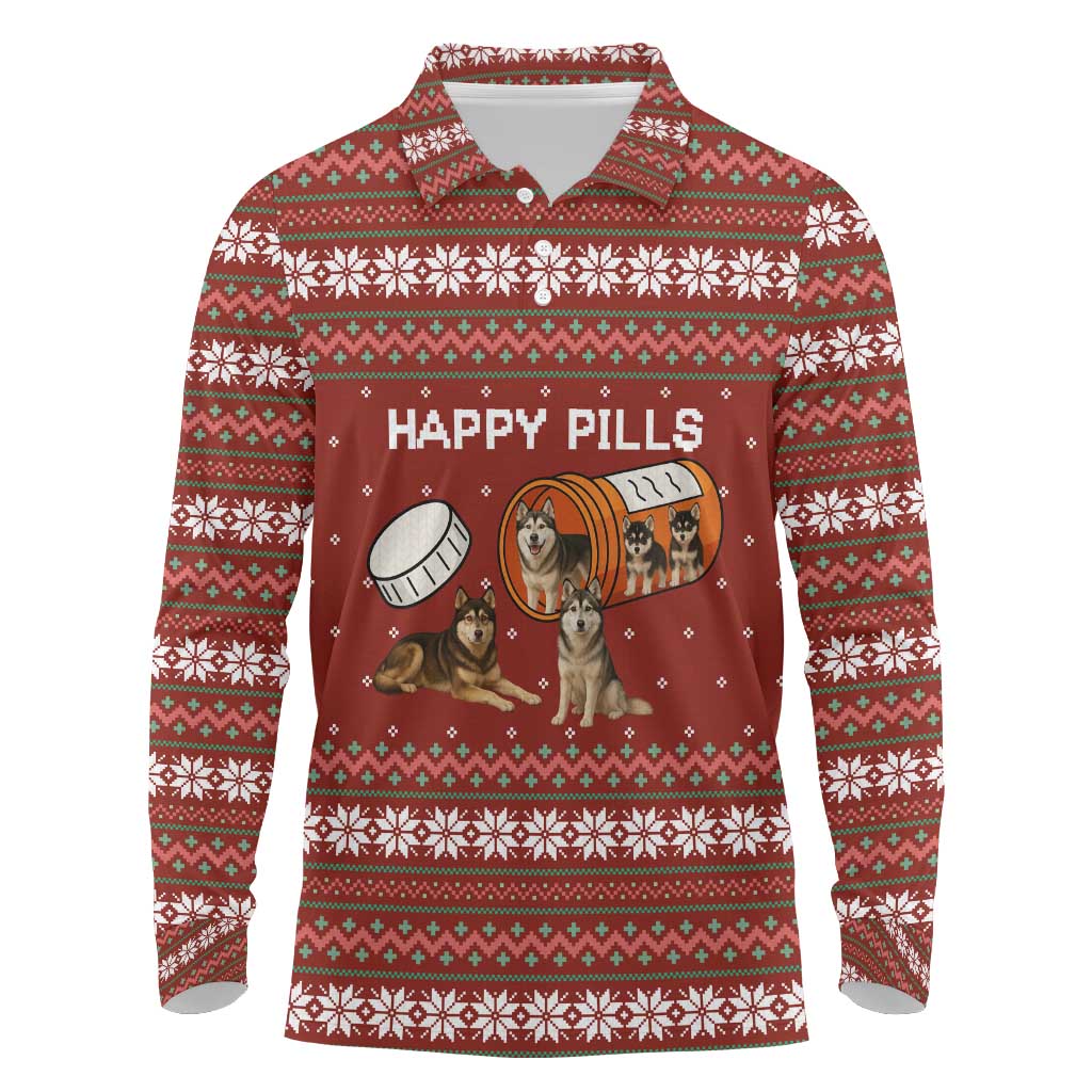 Merry Christmas Siberian Husky Dog Happy Pills Long Sleeve Polo Shirt Husky Dogs in Pill Bottle and Red Snowflake - Wonder Print Shop
