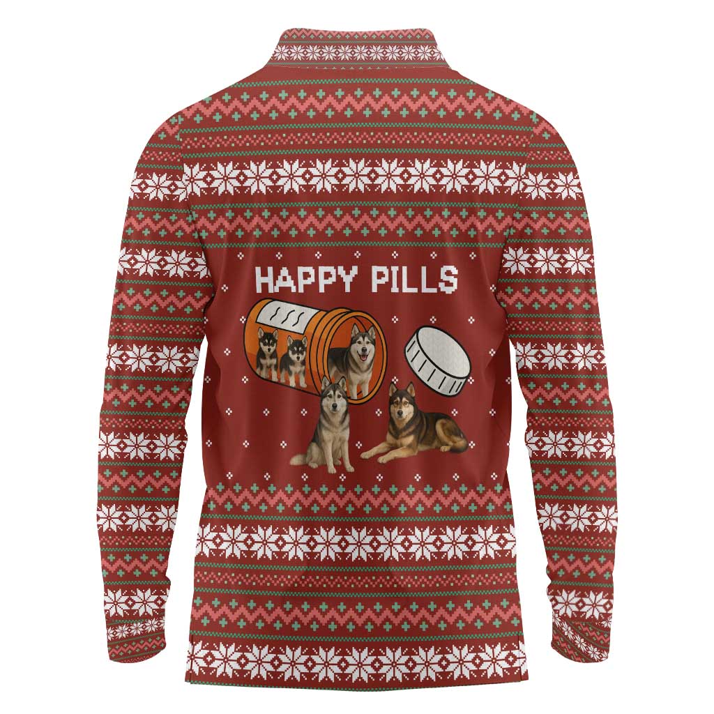 Merry Christmas Siberian Husky Dog Happy Pills Long Sleeve Polo Shirt Husky Dogs in Pill Bottle and Red Snowflake - Wonder Print Shop