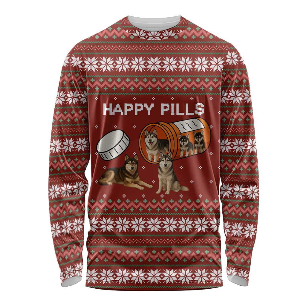 Merry Christmas Siberian Husky Dog Happy Pills Long Sleeve Shirt Husky Dogs in Pill Bottle and Red Snowflake - Wonder Print Shop