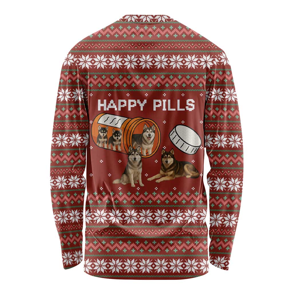 Merry Christmas Siberian Husky Dog Happy Pills Long Sleeve Shirt Husky Dogs in Pill Bottle and Red Snowflake - Wonder Print Shop