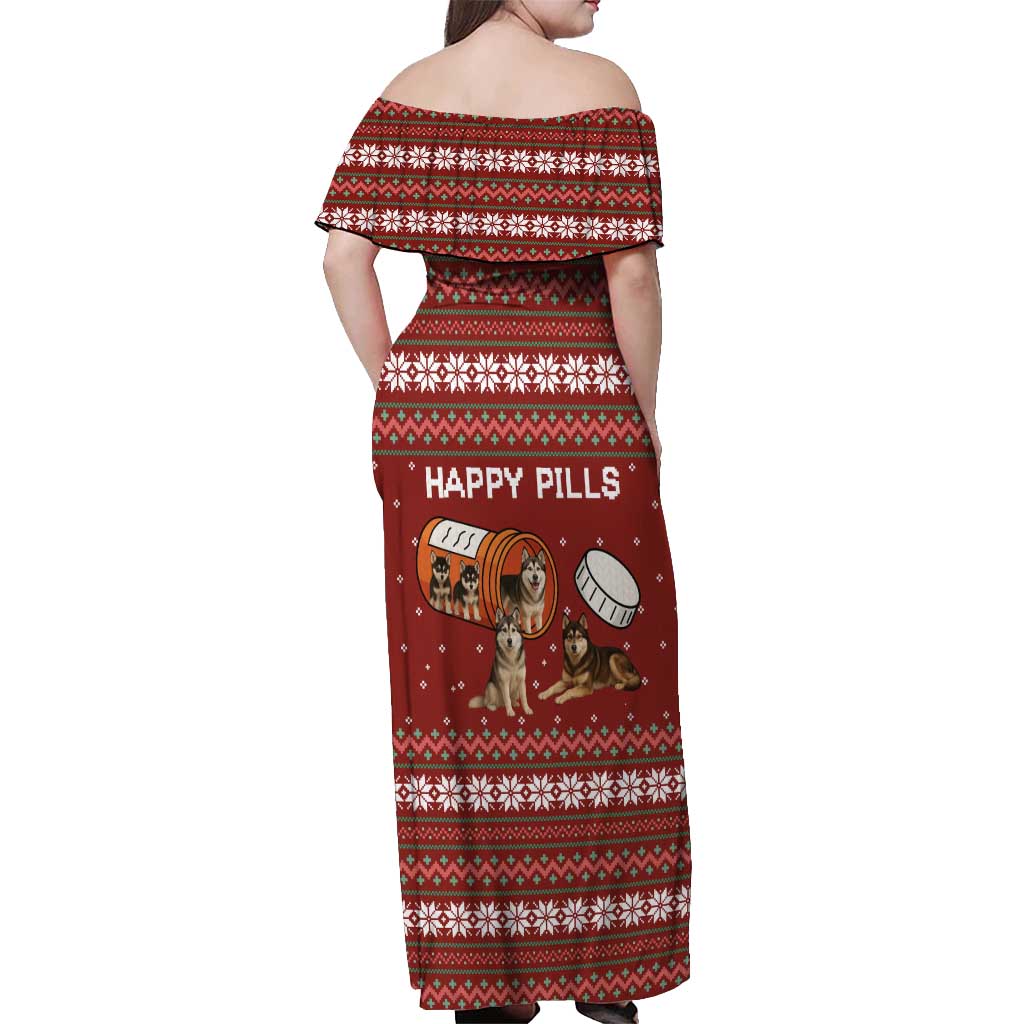 Merry Christmas Siberian Husky Dog Happy Pills Off Shoulder Maxi Dress Husky Dogs in Pill Bottle and Red Snowflake - Wonder Print Shop