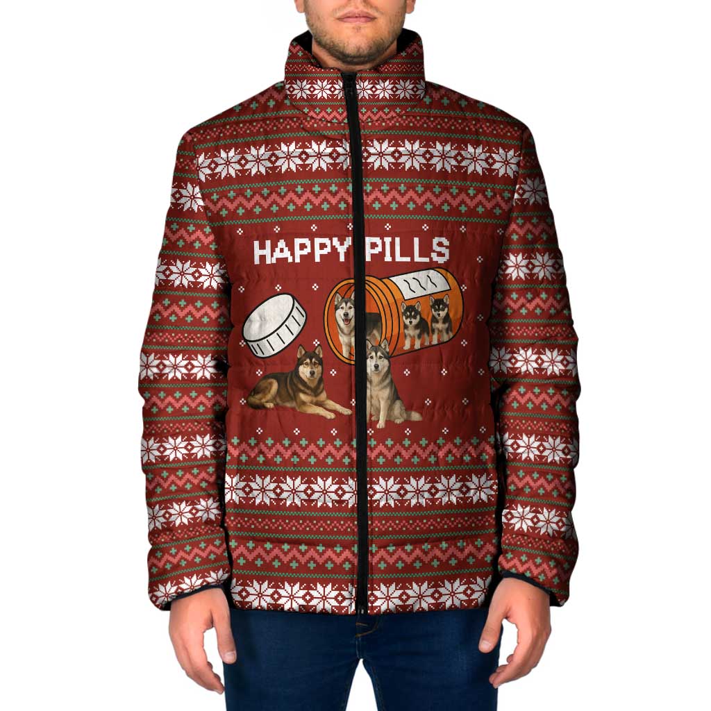 Merry Christmas Siberian Husky Dog Happy Pills Padded Jacket Husky Dogs in Pill Bottle and Red Snowflake - Wonder Print Shop