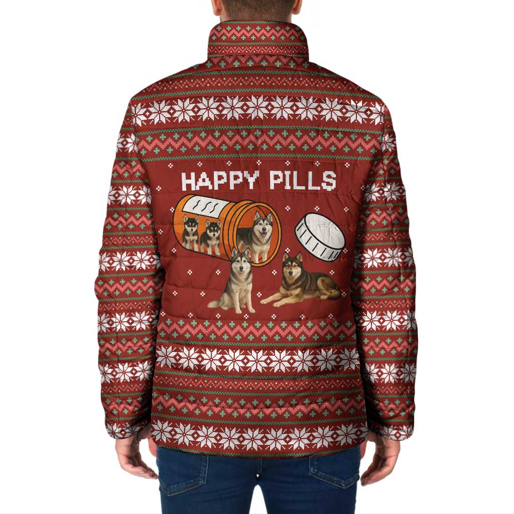 Merry Christmas Siberian Husky Dog Happy Pills Padded Jacket Husky Dogs in Pill Bottle and Red Snowflake - Wonder Print Shop