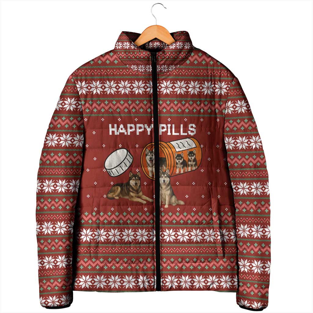 Merry Christmas Siberian Husky Dog Happy Pills Padded Jacket Husky Dogs in Pill Bottle and Red Snowflake - Wonder Print Shop