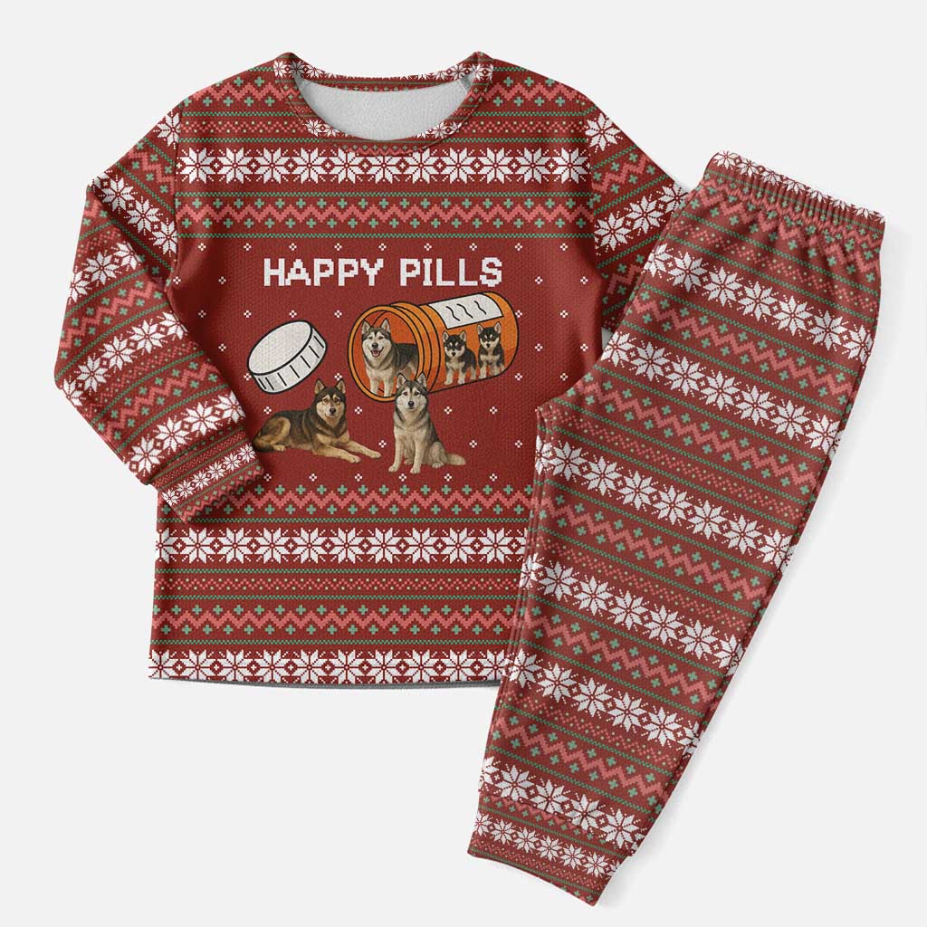 Merry Christmas Siberian Husky Dog Happy Pills Christmas Pajama Set Husky Dogs in Pill Bottle and Red Snowflake - Wonder Print Shop