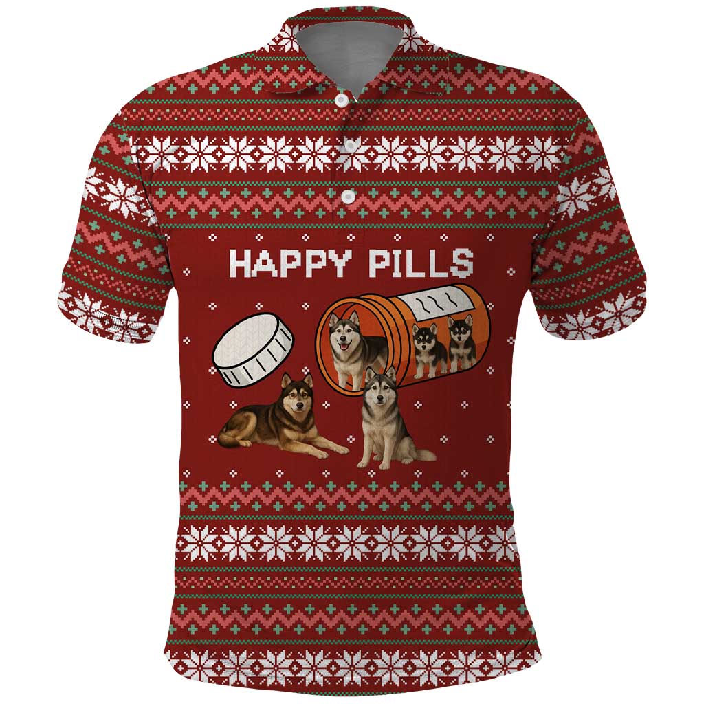 Merry Christmas Siberian Husky Dog Happy Pills Polo Shirt Husky Dogs in Pill Bottle and Red Snowflake - Wonder Print Shop