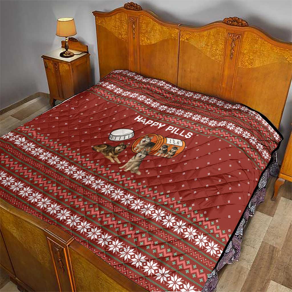 Merry Christmas Siberian Husky Dog Happy Pills Quilt Husky Dogs in Pill Bottle and Red Snowflake - Wonder Print Shop