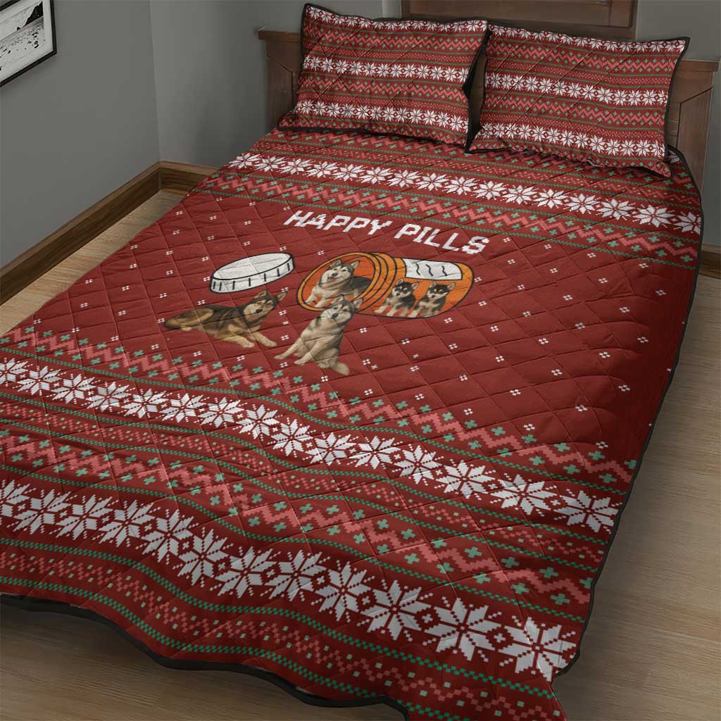 Merry Christmas Siberian Husky Dog Happy Pills Quilt Bed Set Husky Dogs in Pill Bottle and Red Snowflake - Wonder Print Shop