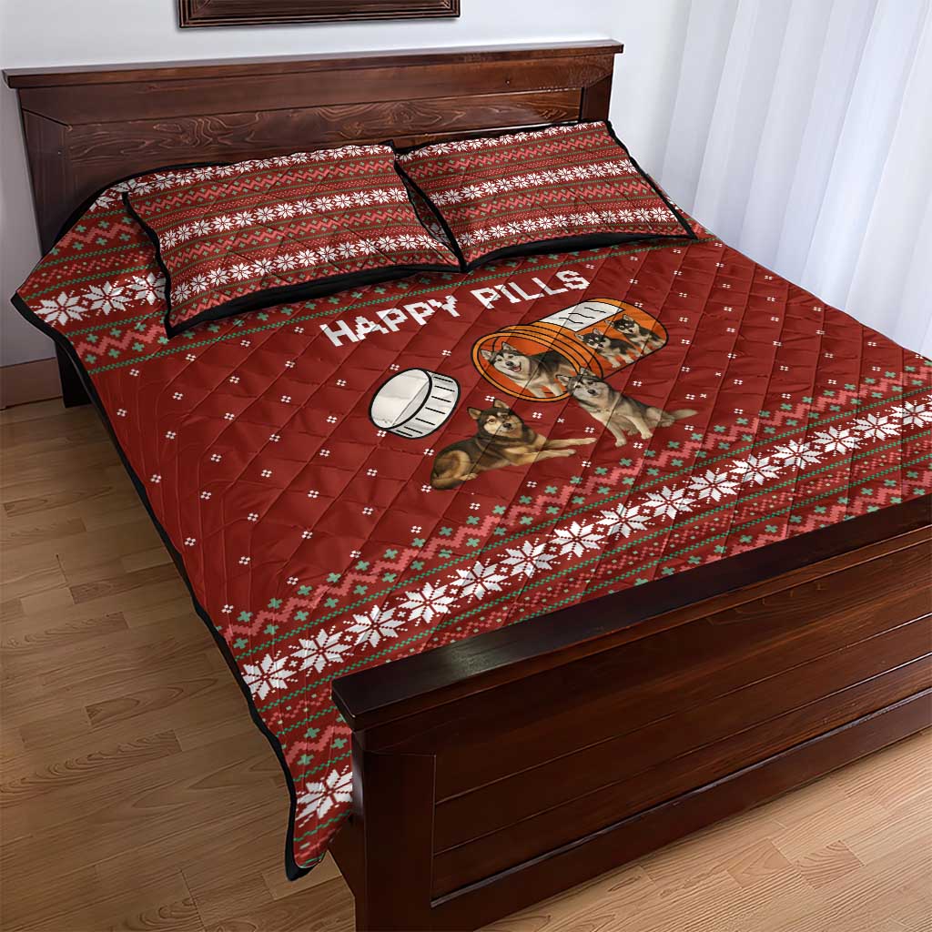 Merry Christmas Siberian Husky Dog Happy Pills Quilt Bed Set Husky Dogs in Pill Bottle and Red Snowflake - Wonder Print Shop