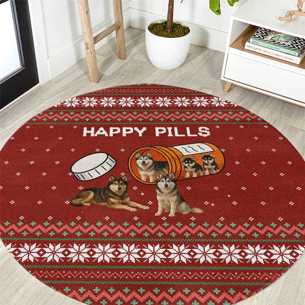 Merry Christmas Siberian Husky Dog Happy Pills Round Carpet Husky Dogs in Pill Bottle and Red Snowflake - Wonder Print Shop