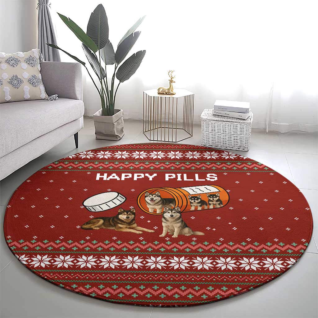 Merry Christmas Siberian Husky Dog Happy Pills Round Carpet Husky Dogs in Pill Bottle and Red Snowflake - Wonder Print Shop