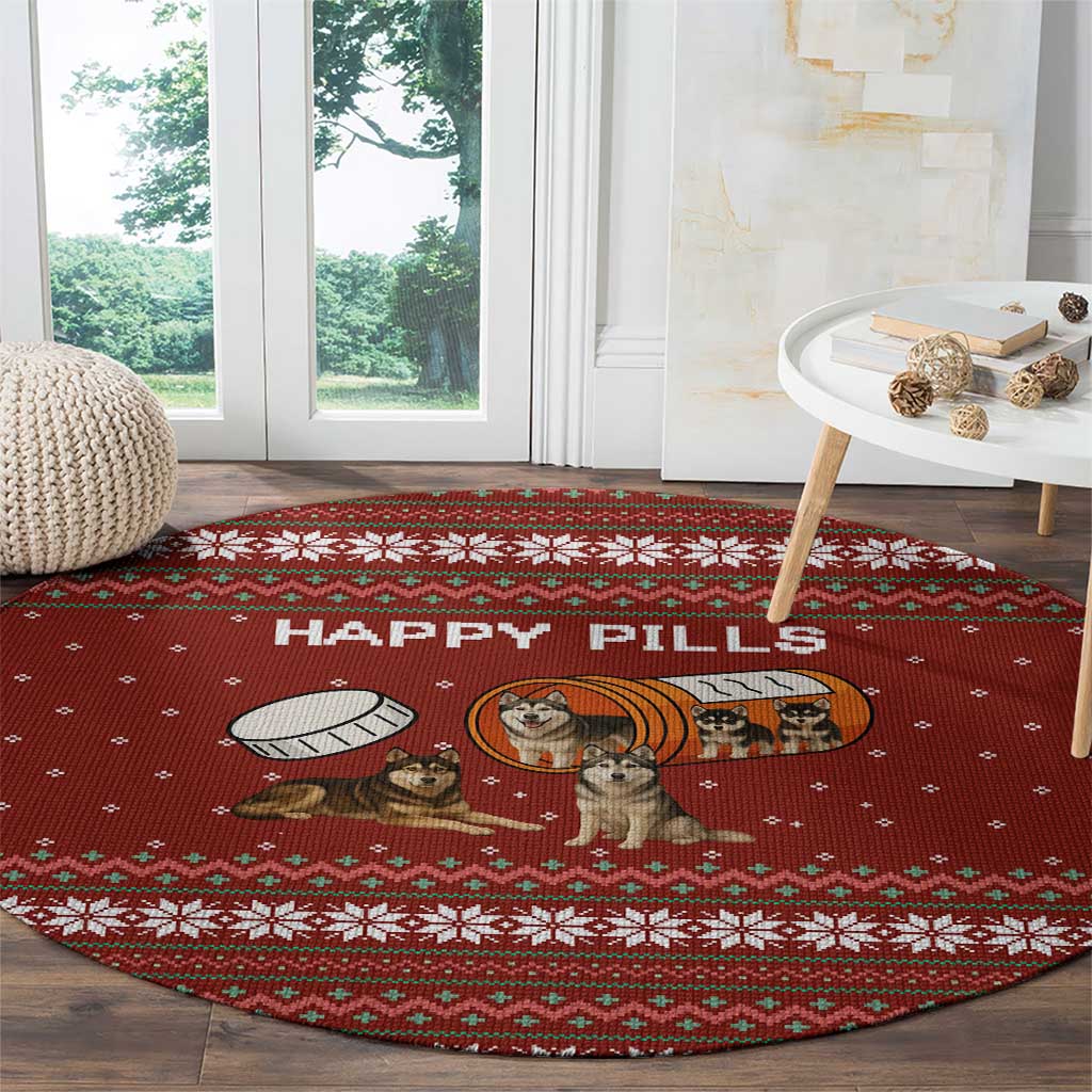 Merry Christmas Siberian Husky Dog Happy Pills Round Carpet Husky Dogs in Pill Bottle and Red Snowflake - Wonder Print Shop