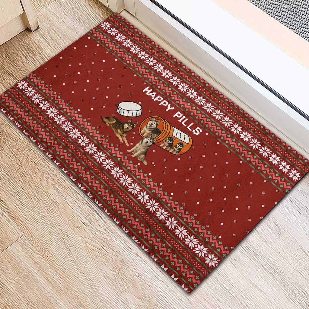 Merry Christmas Siberian Husky Dog Happy Pills Rubber Doormat Husky Dogs in Pill Bottle and Red Snowflake - Wonder Print Shop
