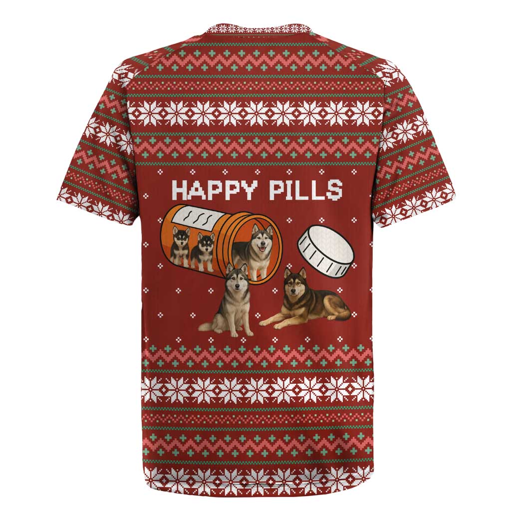 Merry Christmas Siberian Husky Dog Happy Pills Rugby Jersey Husky Dogs in Pill Bottle and Red Snowflake - Wonder Print Shop