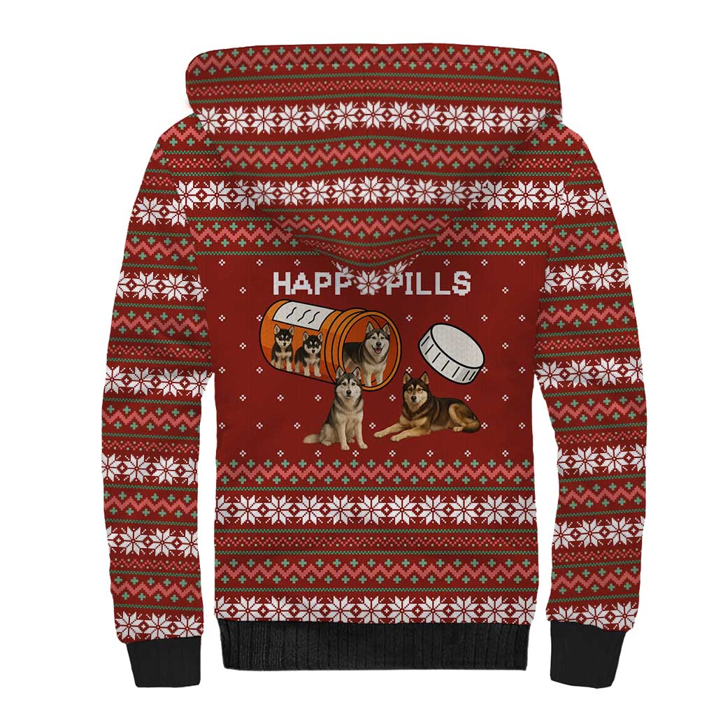 Merry Christmas Siberian Husky Dog Happy Pills Sherpa Hoodie Husky Dogs in Pill Bottle and Red Snowflake - Wonder Print Shop