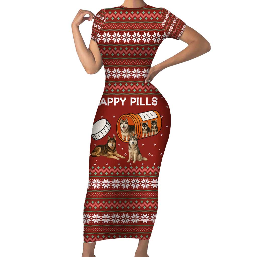 Merry Christmas Siberian Husky Dog Happy Pills Short Sleeve Bodycon Dress Husky Dogs in Pill Bottle and Red Snowflake - Wonder Print Shop