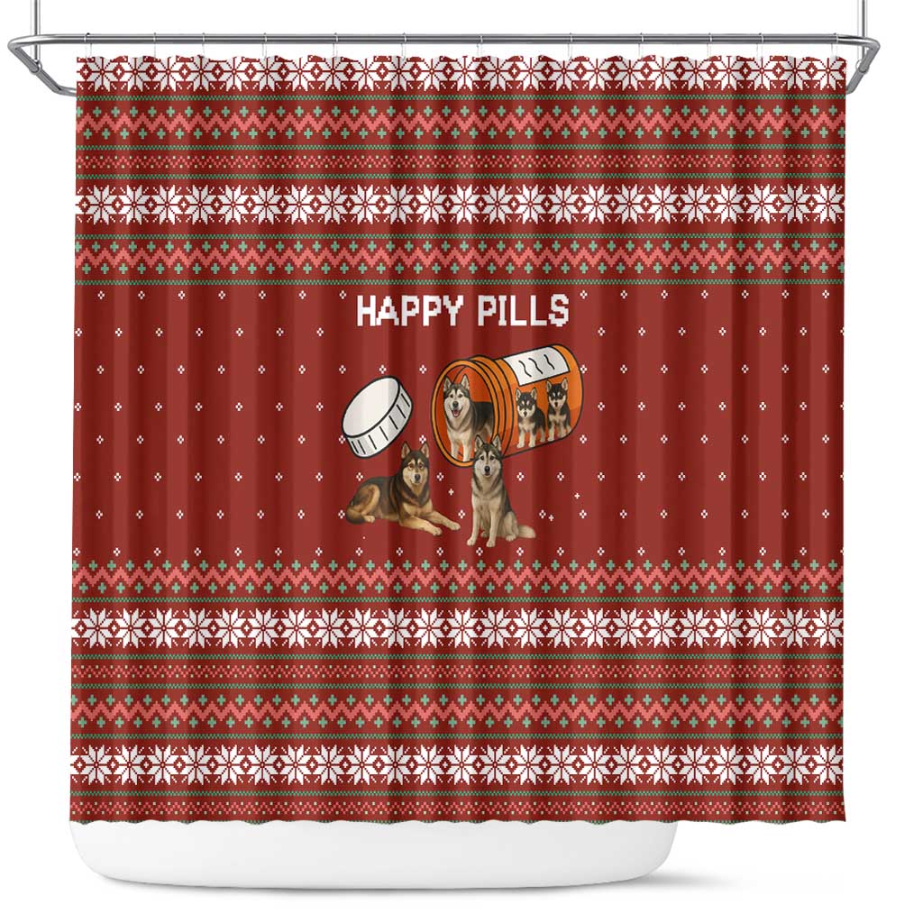 Merry Christmas Siberian Husky Dog Happy Pills Shower Curtain Husky Dogs in Pill Bottle and Red Snowflake - Wonder Print Shop