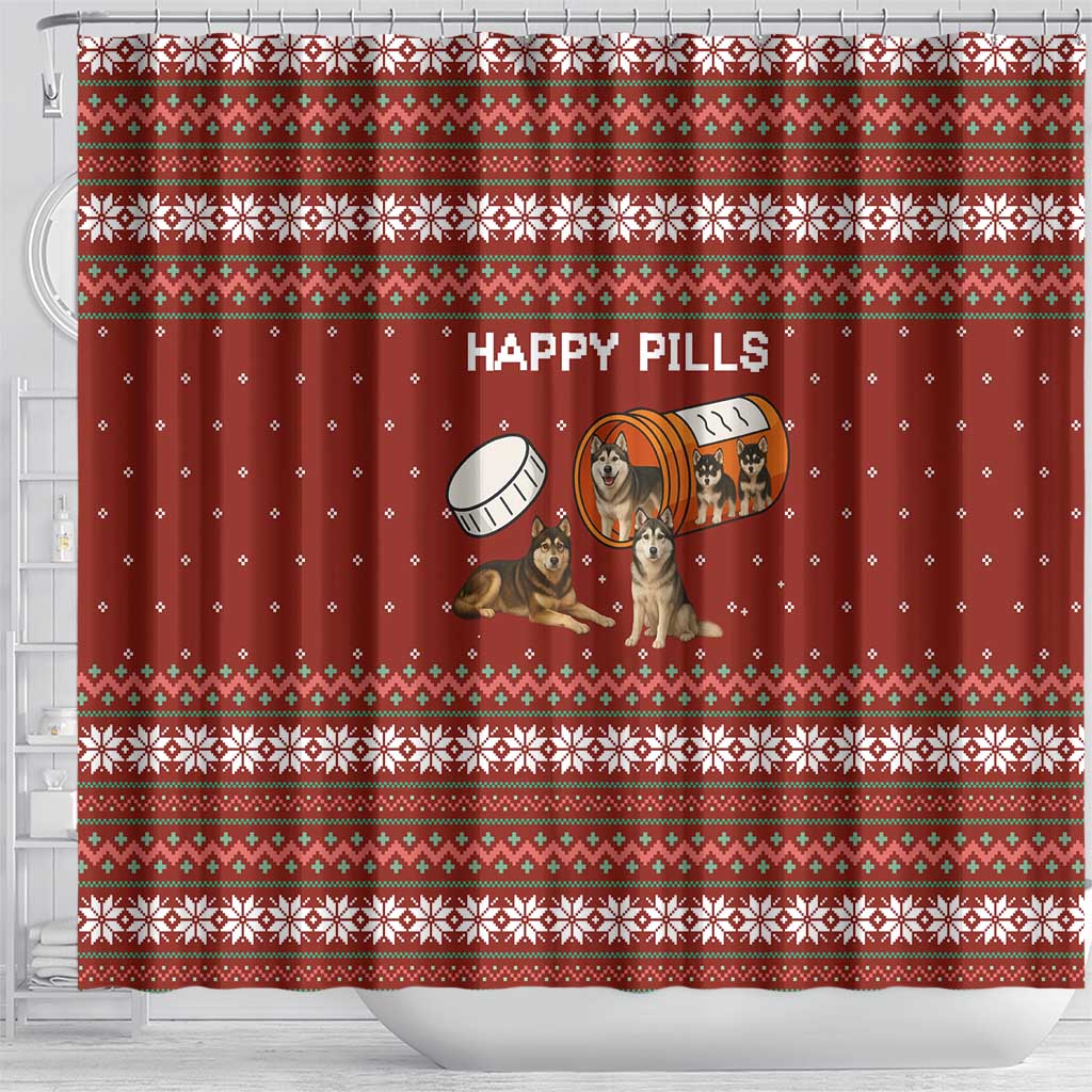 Merry Christmas Siberian Husky Dog Happy Pills Shower Curtain Husky Dogs in Pill Bottle and Red Snowflake - Wonder Print Shop