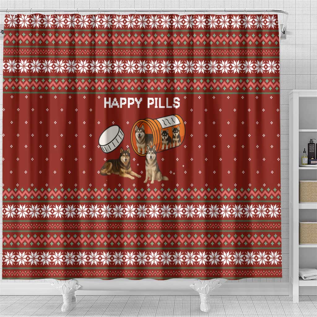 Merry Christmas Siberian Husky Dog Happy Pills Shower Curtain Husky Dogs in Pill Bottle and Red Snowflake - Wonder Print Shop
