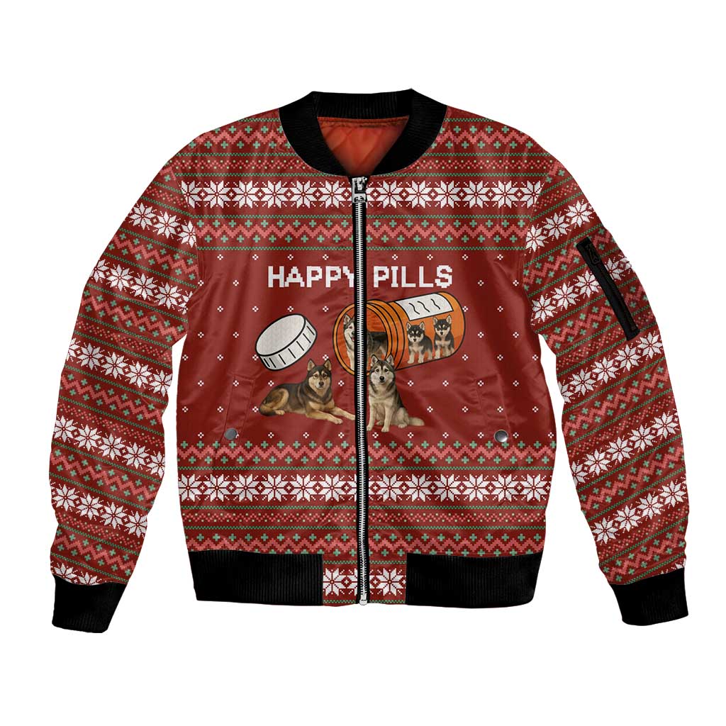 Merry Christmas Siberian Husky Dog Happy Pills Sleeve Zip Bomber Jacket Husky Dogs in Pill Bottle and Red Snowflake - Wonder Print Shop