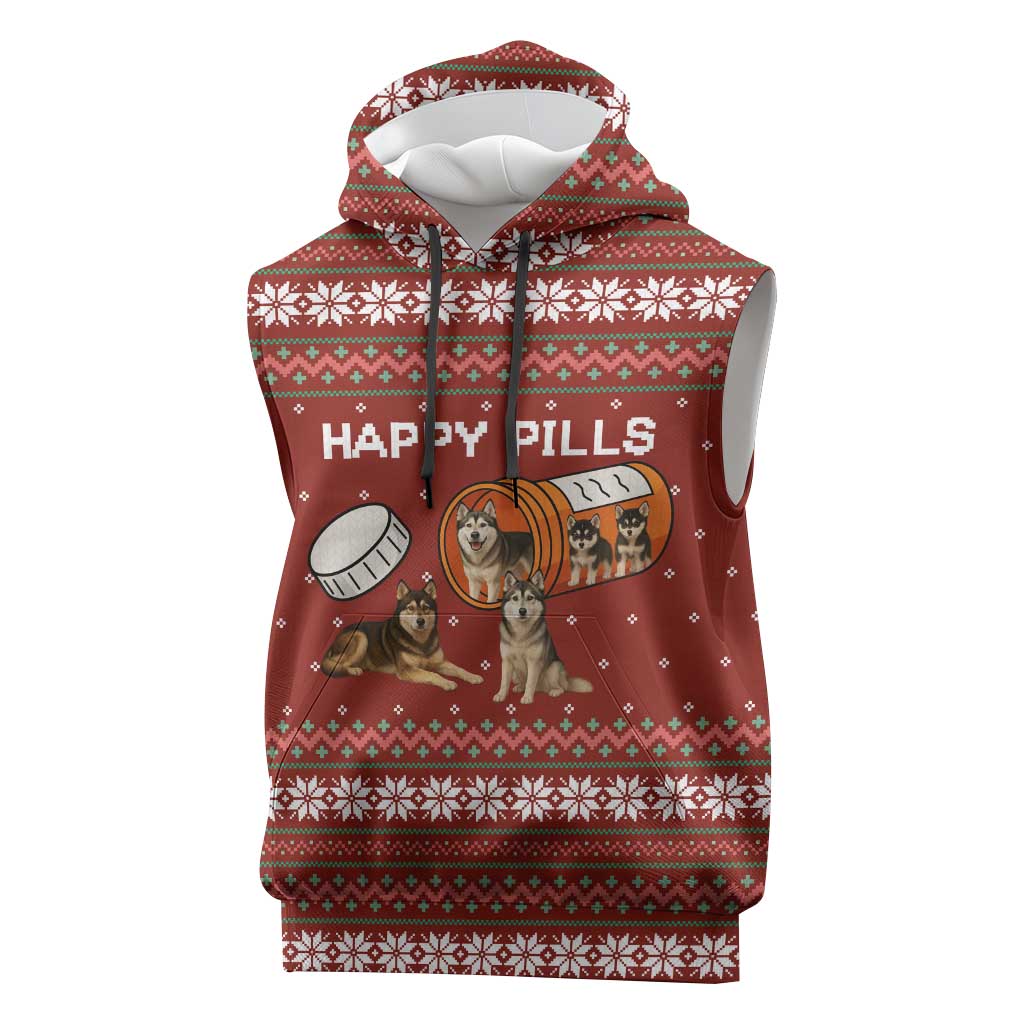 Merry Christmas Siberian Husky Dog Happy Pills Sleeveless Hoodie Husky Dogs in Pill Bottle and Red Snowflake - Wonder Print Shop