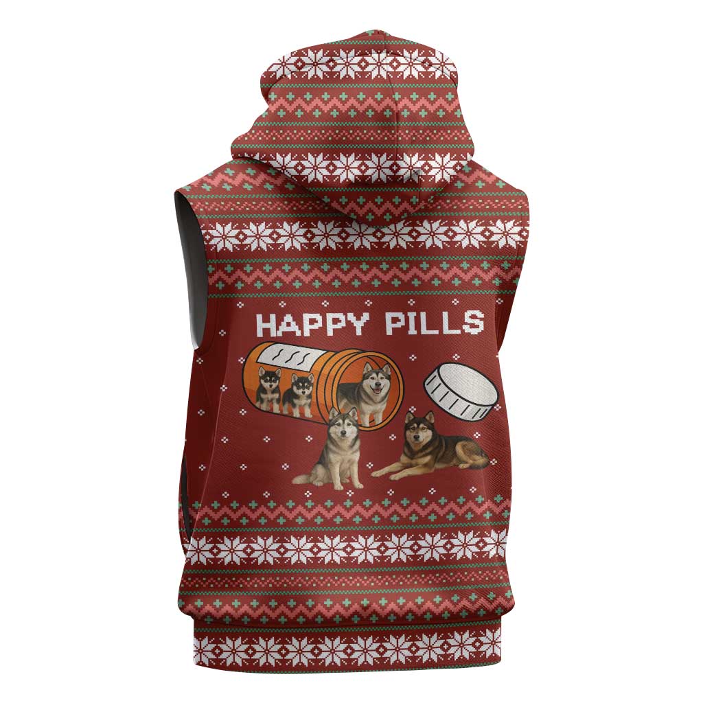 Merry Christmas Siberian Husky Dog Happy Pills Sleeveless Hoodie Husky Dogs in Pill Bottle and Red Snowflake - Wonder Print Shop
