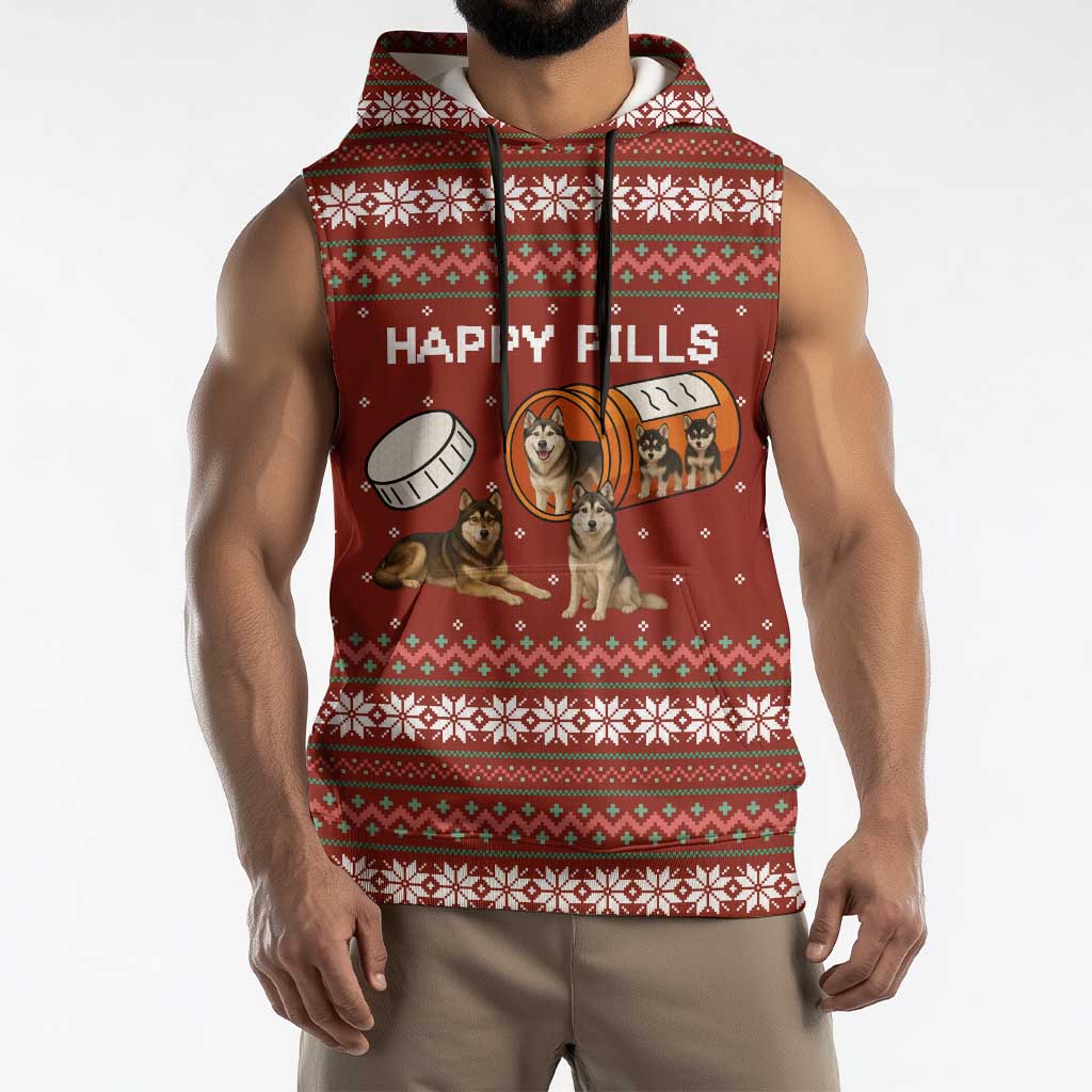 Merry Christmas Siberian Husky Dog Happy Pills Sleeveless Hoodie Husky Dogs in Pill Bottle and Red Snowflake - Wonder Print Shop