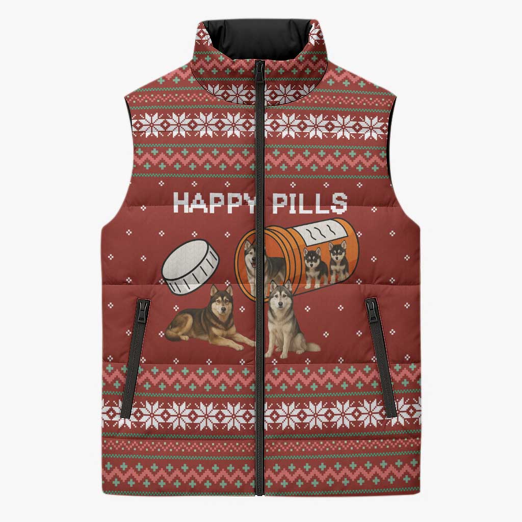 Merry Christmas Siberian Husky Dog Happy Pills Sleeveless Puffer Jacket Husky Dogs in Pill Bottle and Red Snowflake - Wonder Print Shop
