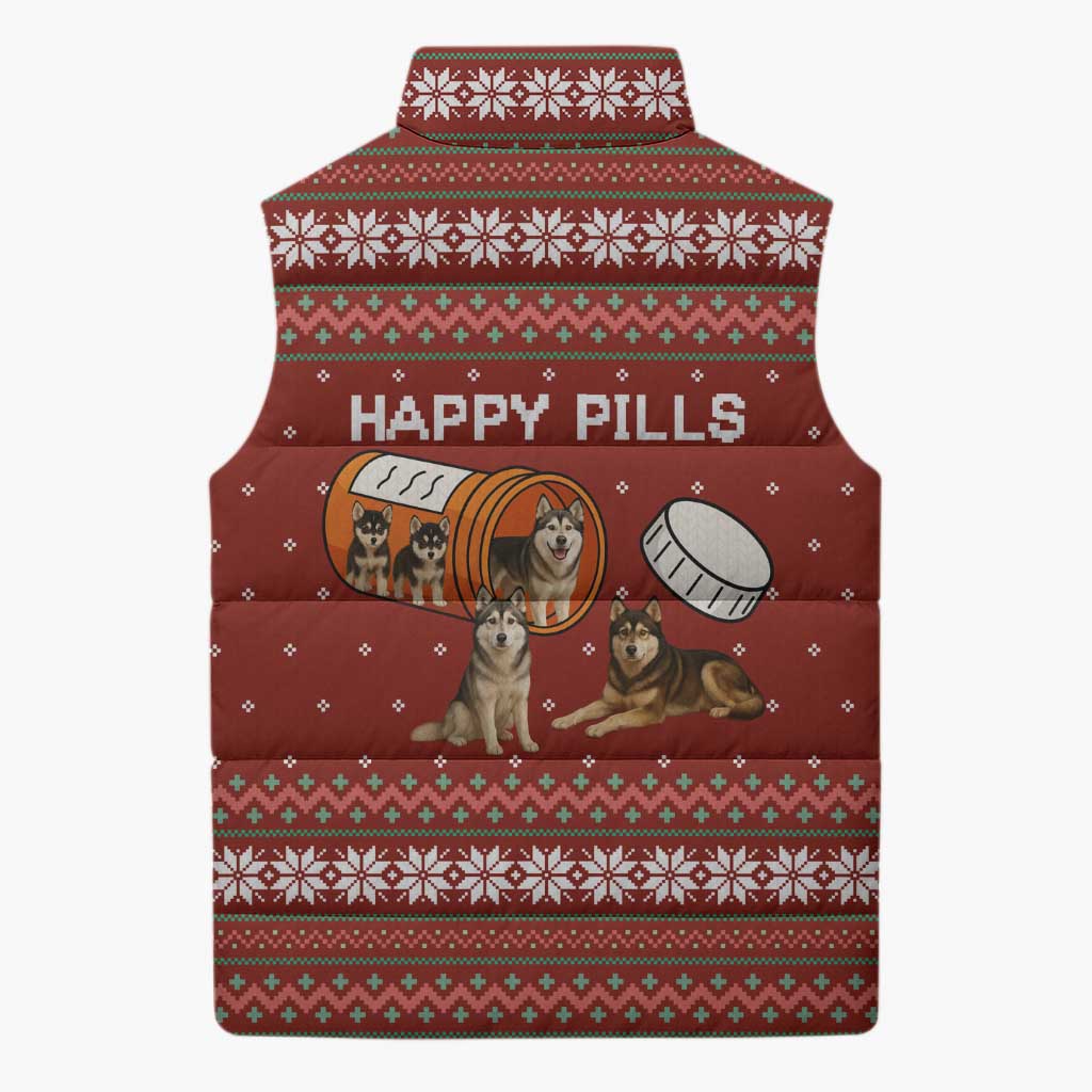 Merry Christmas Siberian Husky Dog Happy Pills Sleeveless Puffer Jacket Husky Dogs in Pill Bottle and Red Snowflake - Wonder Print Shop