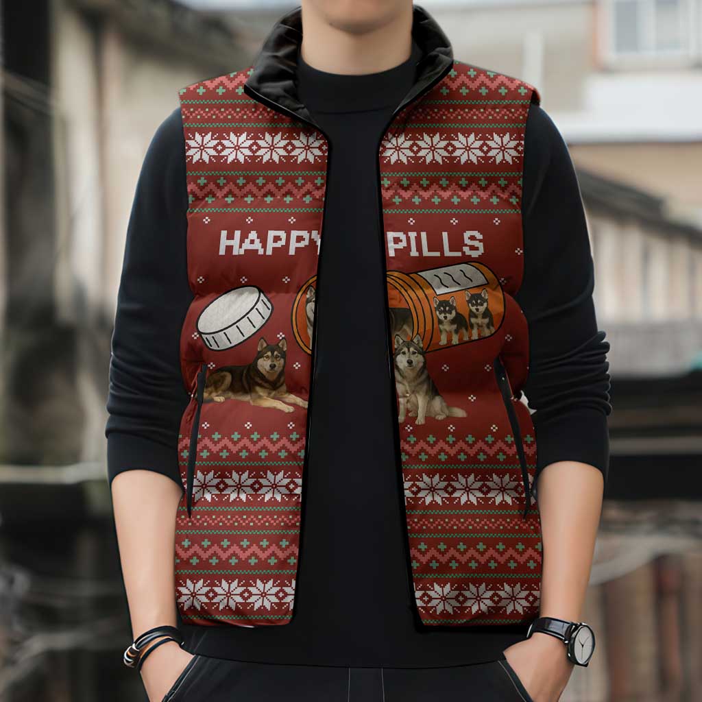 Merry Christmas Siberian Husky Dog Happy Pills Sleeveless Puffer Jacket Husky Dogs in Pill Bottle and Red Snowflake - Wonder Print Shop