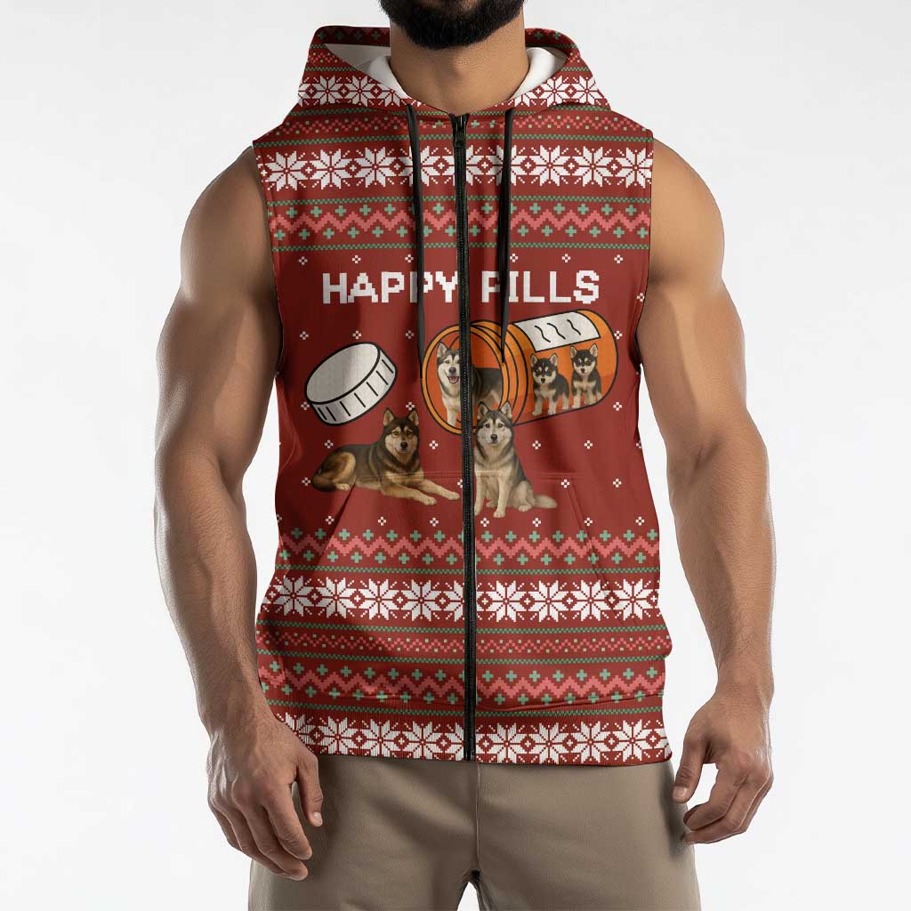 Merry Christmas Siberian Husky Dog Happy Pills Sleeveless Zip Hoodie Husky Dogs in Pill Bottle and Red Snowflake - Wonder Print Shop