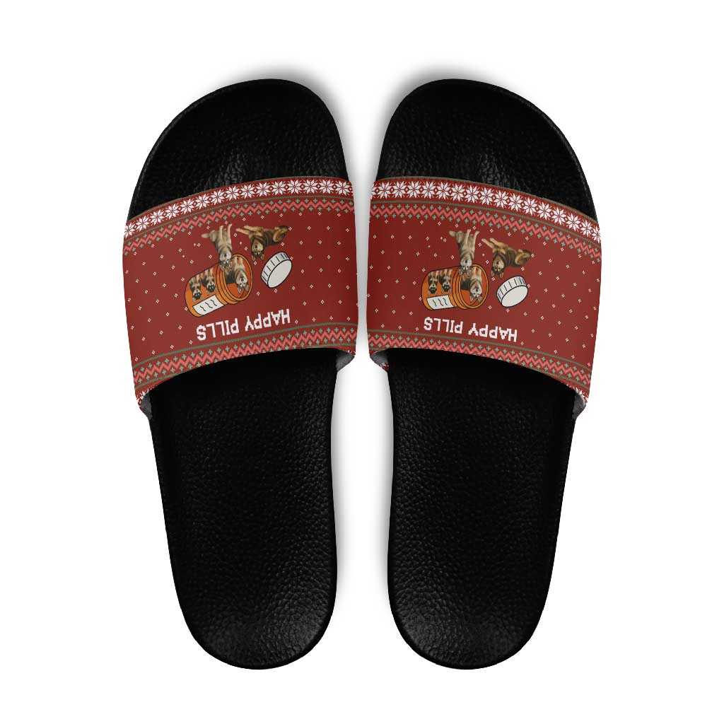 Merry Christmas Siberian Husky Dog Happy Pills Slide Sandals Husky Dogs in Pill Bottle and Red Snowflake - Wonder Print Shop