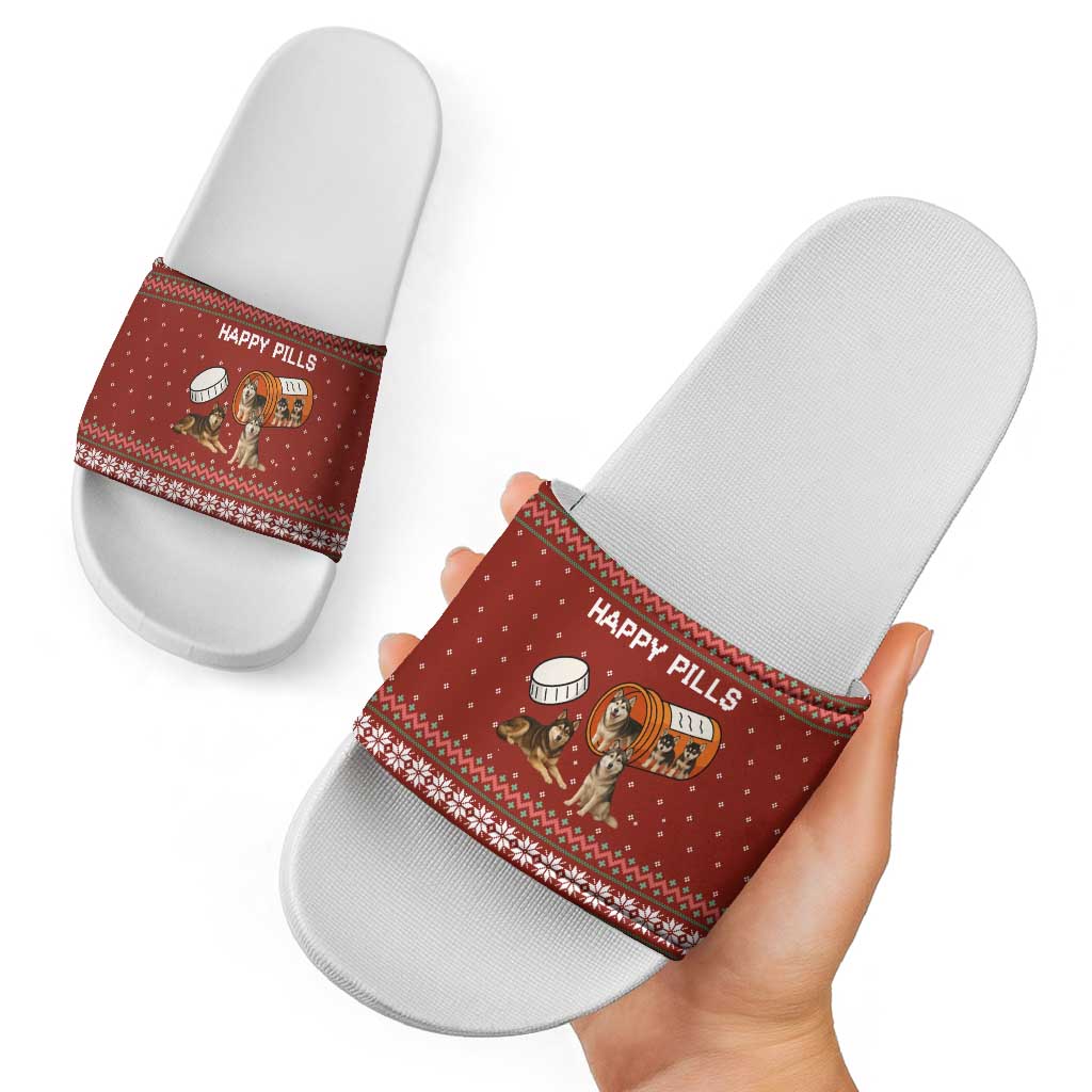 Merry Christmas Siberian Husky Dog Happy Pills Slide Sandals Husky Dogs in Pill Bottle and Red Snowflake - Wonder Print Shop